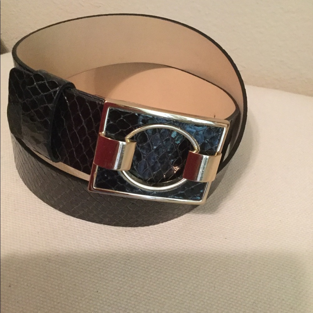 Black leather belt with gold accent buckle